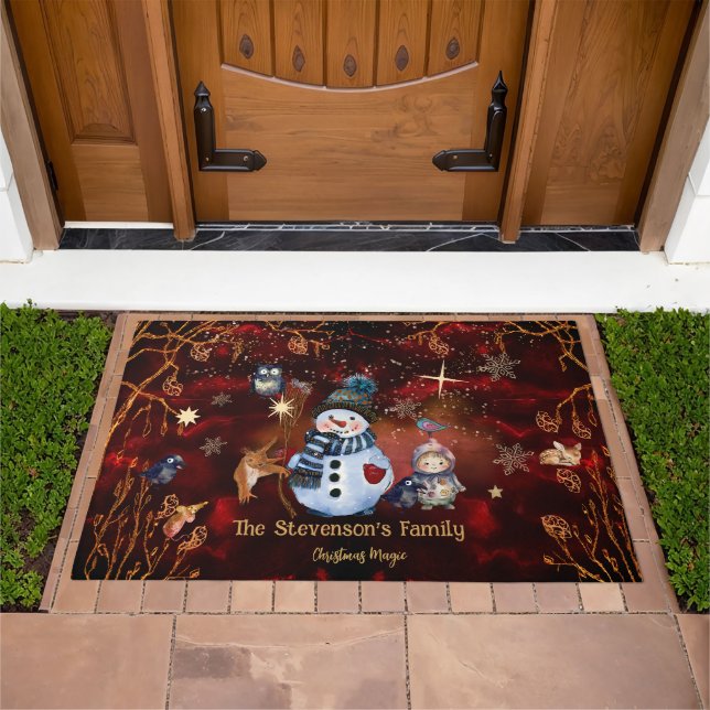 Christmas Magic Red Gold Family Name Doormat (Outdoor)