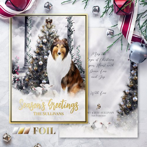 Christmas Magic Sable Rough Collie Dog  Lambs _ Foil Holiday Card