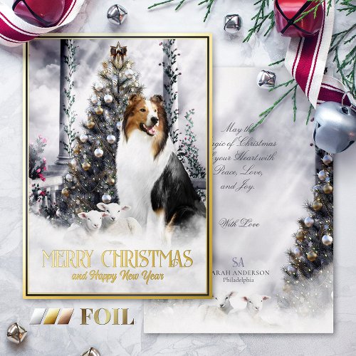 Christmas Magic Saddleback Rough Collie  Lambs _ Foil Holiday Card