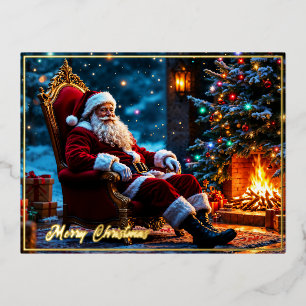 Christmas magic Santa Claus cozy fireplace Foil Holiday Postcard