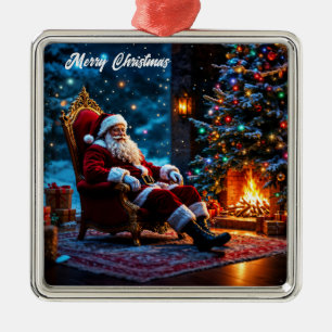 Christmas magic Santa Claus cozy fireplace Metal Ornament