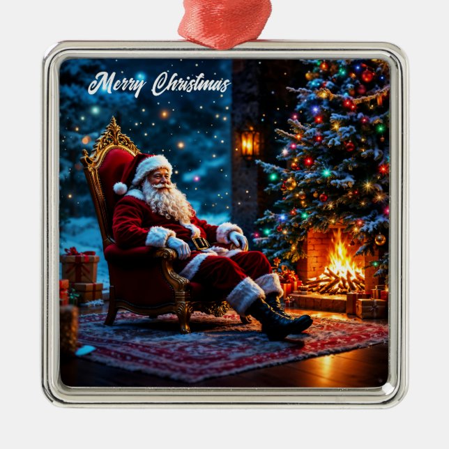 Christmas magic Santa Claus cozy fireplace  Metal Ornament (Front)