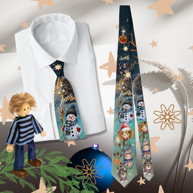 Christmas Magic Snowman & Friends blue  Neck Tie (Christmas Magic blue All-Over-Print Neck Tie)