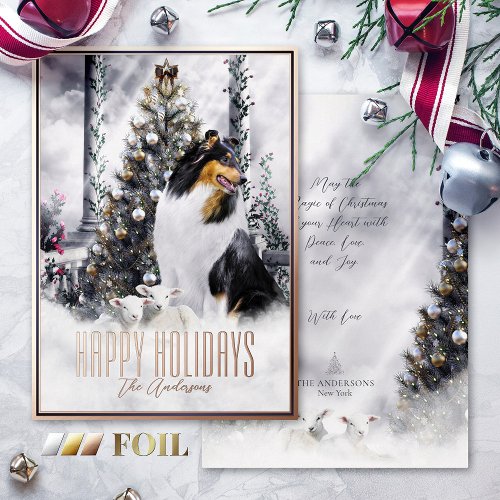 Christmas Magic Tricolor Rough Collie  Lambs _ Foil Holiday Card