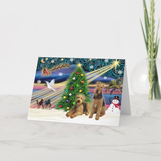 Christmas Magic - Two Airedales Holiday Card (Front)