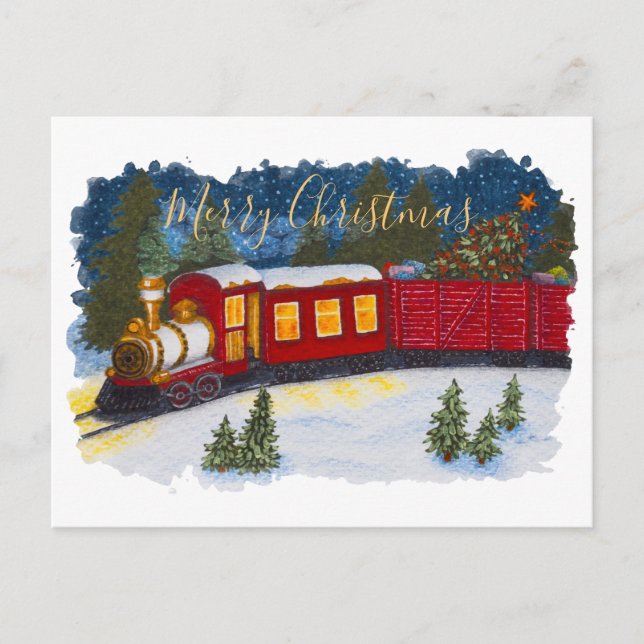 Christmas Magic Vintage Red Steam Train Postcard (Front)