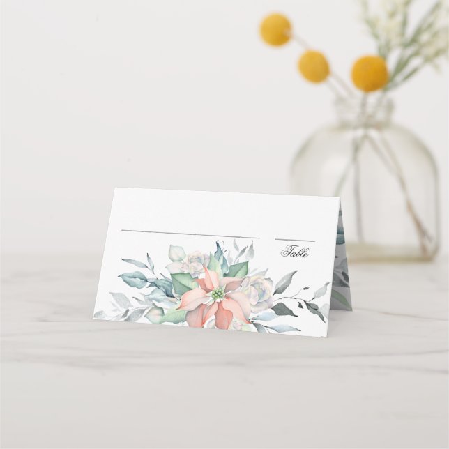 Christmas Magic | Watercolor Poinsettia Wedding Place Card (Front)