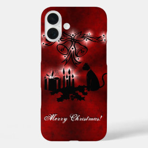 Christmas Magic with Black Cat on Red Rainbow iPhone 16 Plus Case
