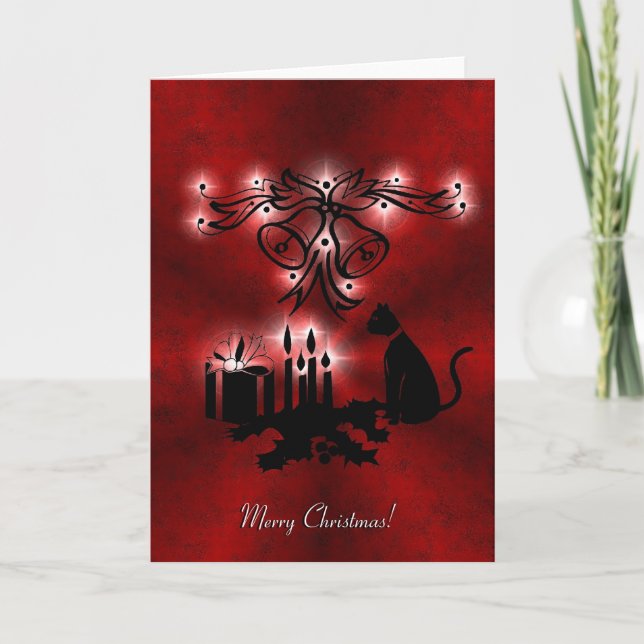 Christmas Magic with Black Cat on Red Rainbow Holiday Card (Front)