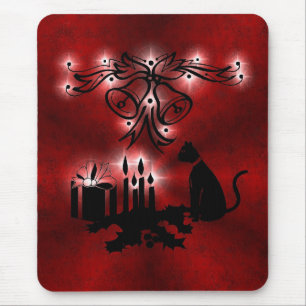 Christmas Magic with Black Cat on Red Rainbow Mouse Pad