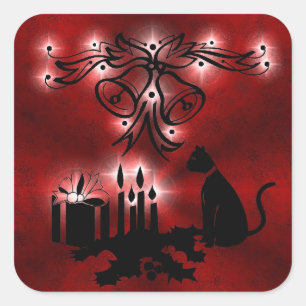 Christmas Magic with Black Cat on Red Rainbow Square Sticker
