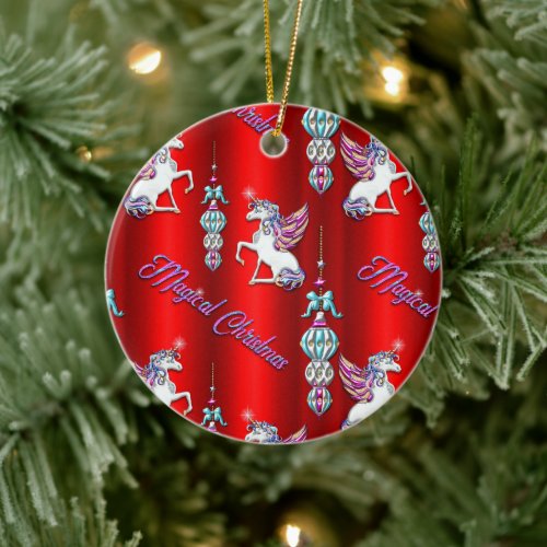 Christmas Magical Unicorns Red Ceramic Ornament
