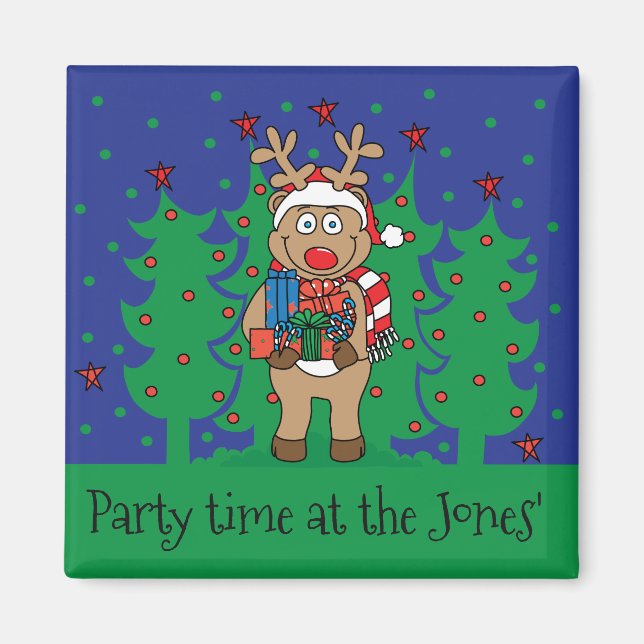 Christmas Magnet Square Reindeer Presents (Front)