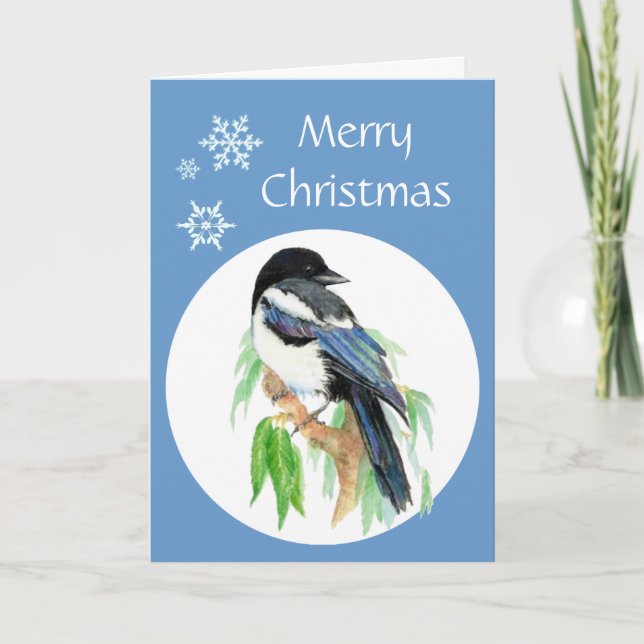 Christmas Magpie, Garden, Bird, Nature Greetings Holiday Card (Front)