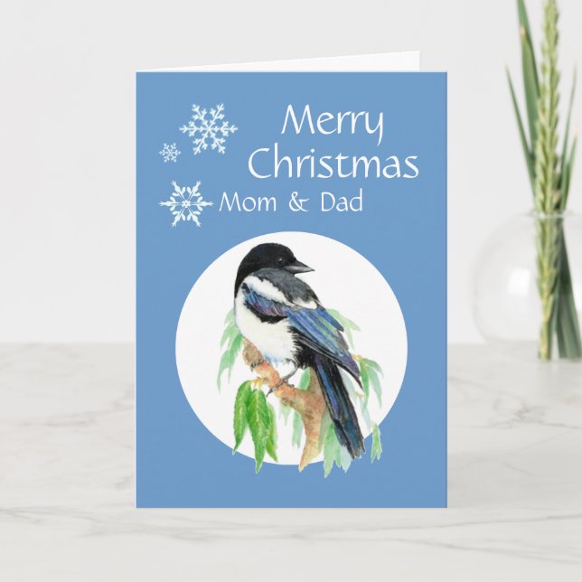 Christmas Magpie Mom Dad Garden Bird Holiday Card (Front)