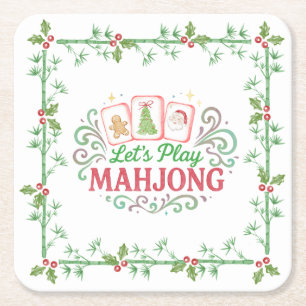 Christmas Mahjong Crest Monogram Square Paper Coaster