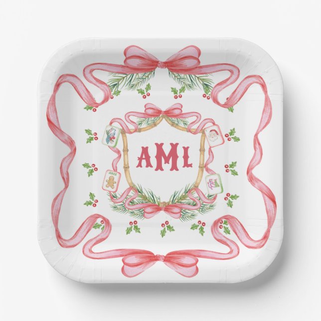 Christmas Mahjong | Monogram Paper Plates (Front)