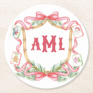 Christmas Mahjong Monogram Round Paper Coaster
