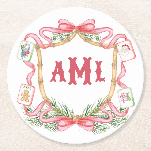 Christmas Mahjong | Monogram Round Paper Coaster (Front)