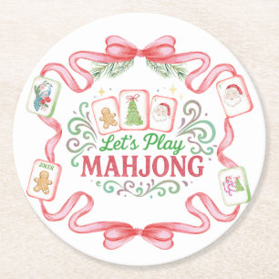 Christmas Mahjong Monogram Round Paper Coaster