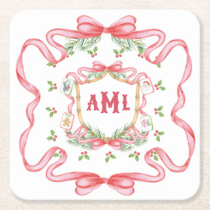 Christmas Mahjong Monogram Square Paper Coaster