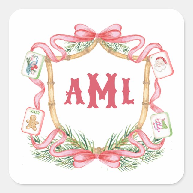 Christmas Mahjong | Monogram Square Sticker (Front)