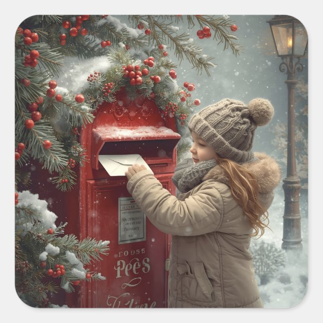 Christmas mailbox cute festive winter holiday art square sticker (Front)