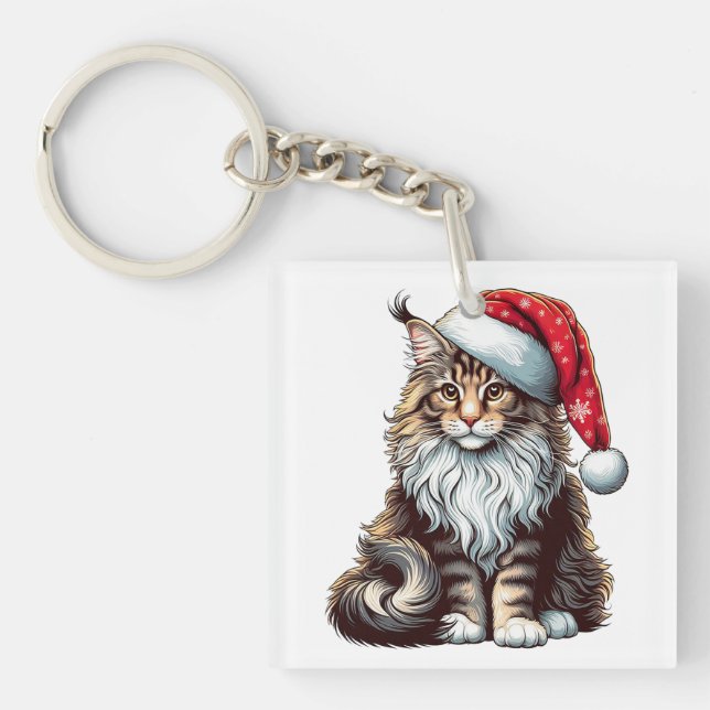 Christmas Maine coon cat, Santa Maine Coon kitten Keychain (Front)