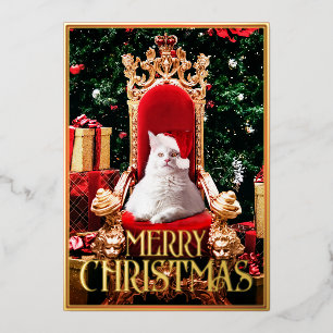 Christmas Maine Coon Cat sitting on Santa Throne - Foil Holiday Card