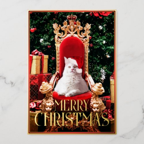 Christmas Maine Coon Cat sitting on Santa Throne _ Foil Holiday Card