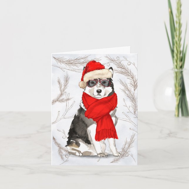 Christmas Malamute Dog and Botanical Pines Holiday Card (Front)