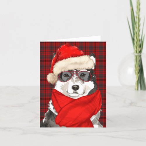 Christmas Malamute Dog and Festive Red Plaid Holiday Card