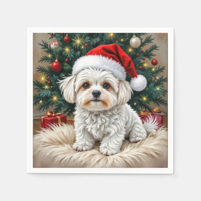 Christmas Maltese Dog On a Fur Pillow Napkins (Front)
