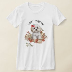 Christmas Maltese Puppy Dog Sintting with Flowers T-Shirt