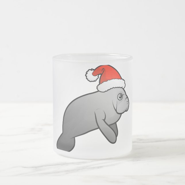 Christmas Manatee Santa Frosted Glass Coffee Mug (Center)