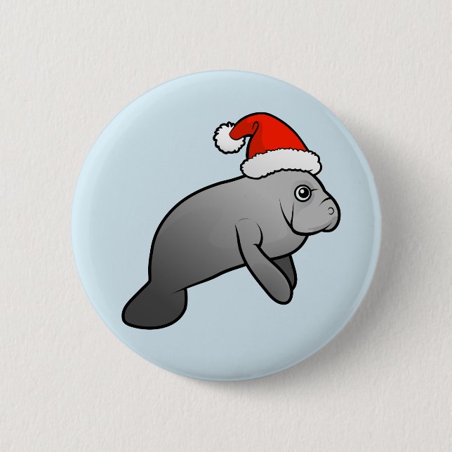 Christmas Manatee Santa Pinback Button (Front)