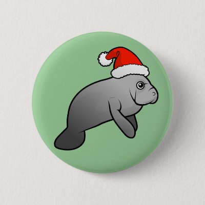 Christmas Manatee Santa Pinback Button