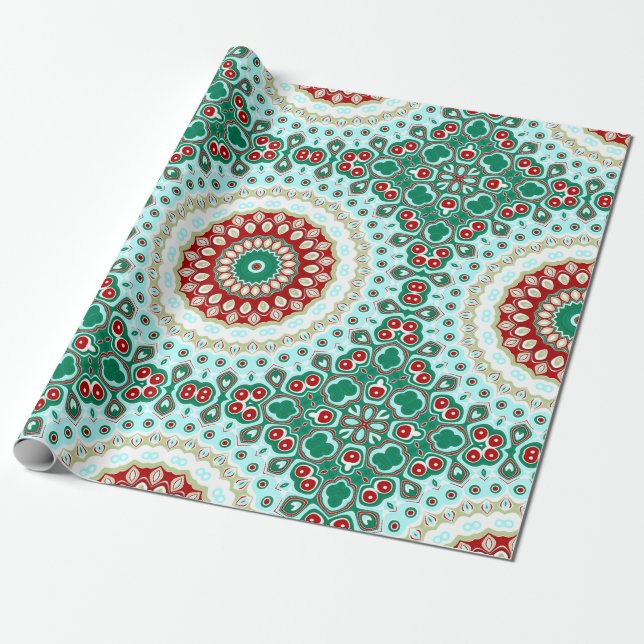 Christmas Mandala in Red, Green, and Frosted Blue Wrapping Paper (Unrolled)