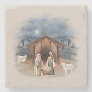 Christmas Manger Nativity Scene Watercolor Stone Coaster