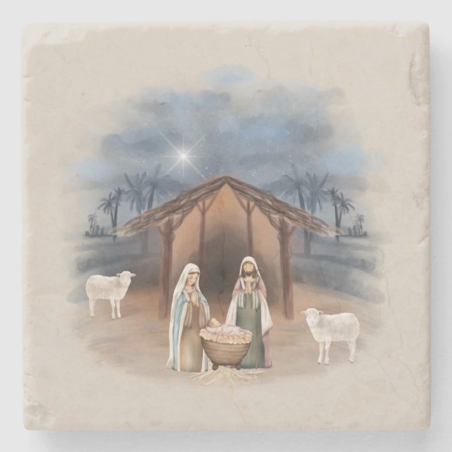 Christmas Manger Nativity Scene Watercolor  Stone Coaster (Front)