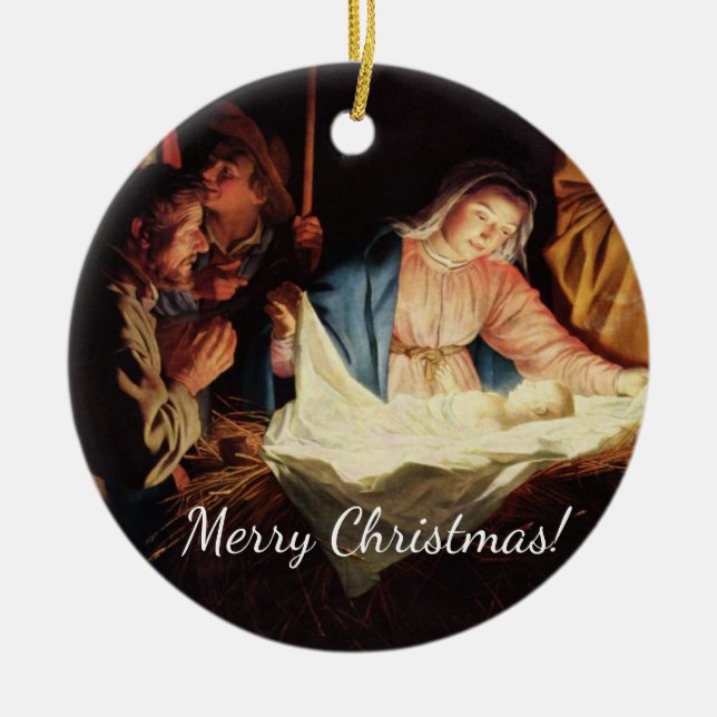 Christmas Manger Scene Ceramic Ornament (Front)