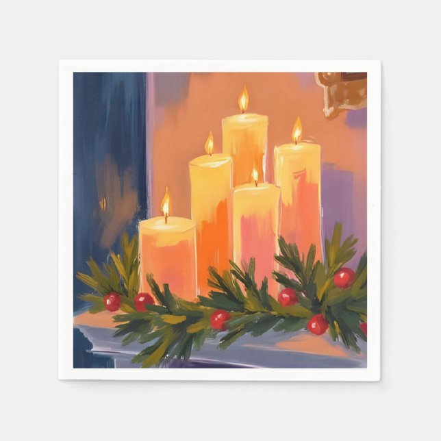 Christmas Mantle Candles Garland Painted Holiday Napkins (Front)