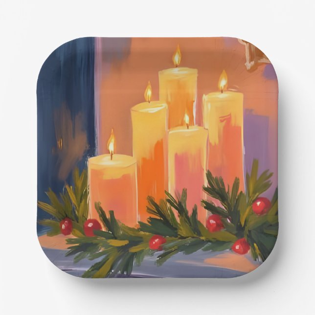 Christmas Mantle Candles Garland Painted Holiday Paper Plates (Front)
