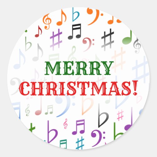 Christmas Many Colorful Music Notes and Symbols Classic Round Sticker