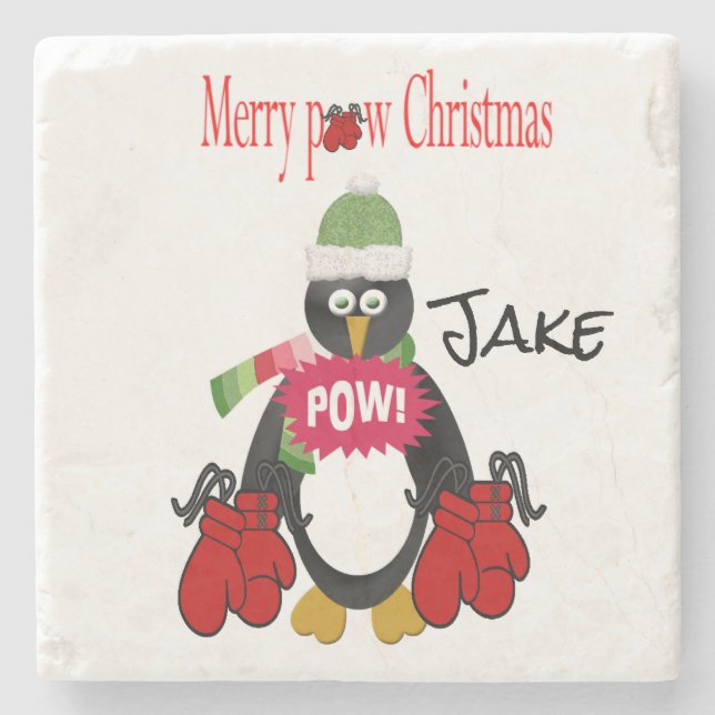 Christmas Marble Stone Coaster, Penguin Boxing Pow Stone Coaster (Front)