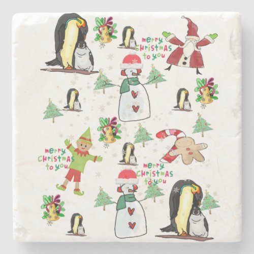 Christmas Marble Stone Coaster Penguin Snowman  Stone Coaster