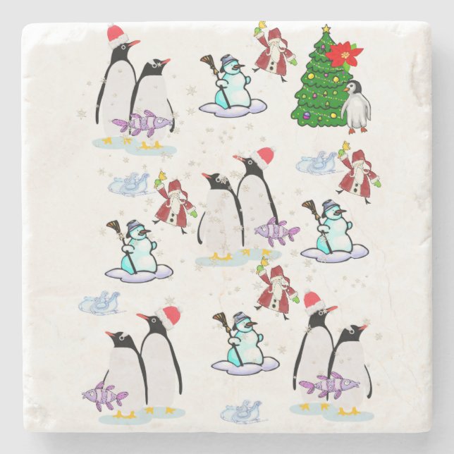 Christmas Marble Stone Coaster, Penguin Snowman Stone Coaster (Front)