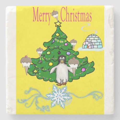 Christmas Marble Stone Coaster Penguin   Stone Coaster