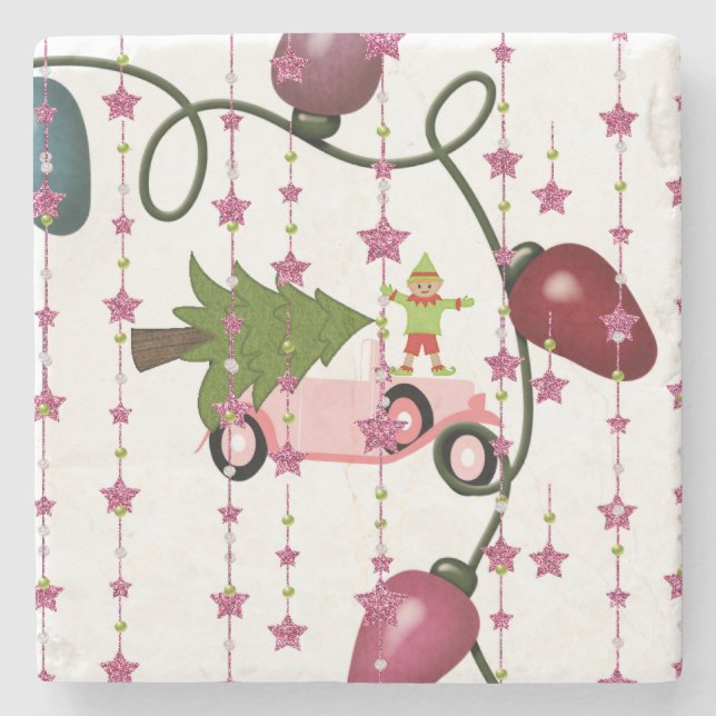 Christmas Marble Stone Coaster, Pink Elf  Coaster (Front)