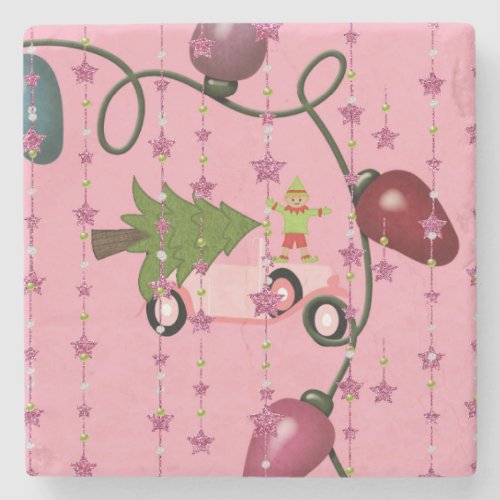 Christmas Marble Stone Coaster Pink Elf  Stone Coaster